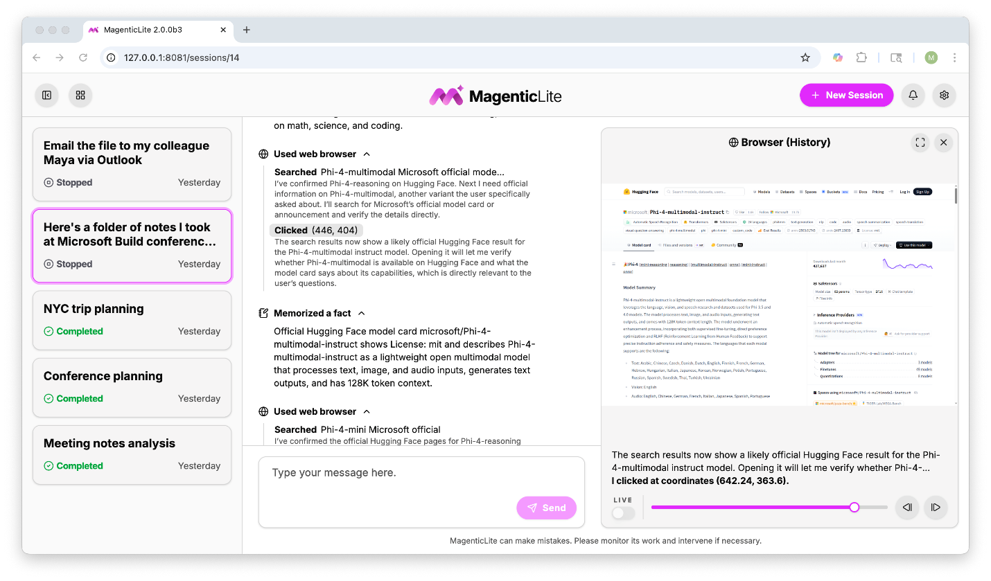 MagenticLite's interface, designed to make it easier for users to understand the agent's actions and intervene when needed